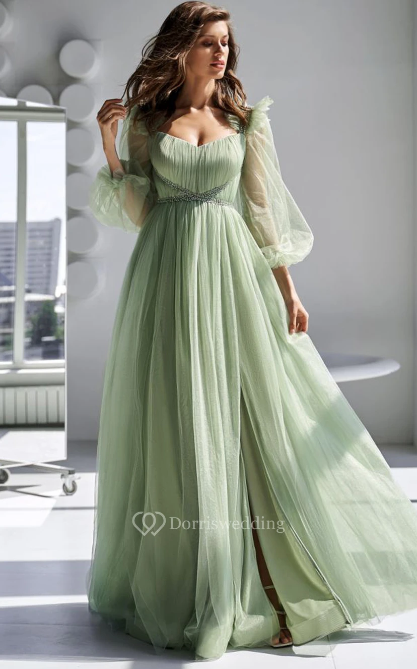 Robe bouffante décontractée à manches longues plissée et fente sur le devant ornée de perles