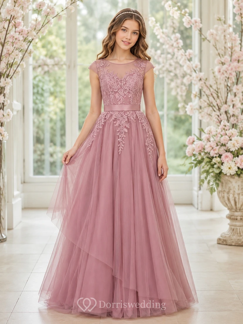 Vintage-Brautjungfernkleid in Mauve, A-Linie, herzförmiger Schnitt, kurze Ärmel, Spitze, elegant