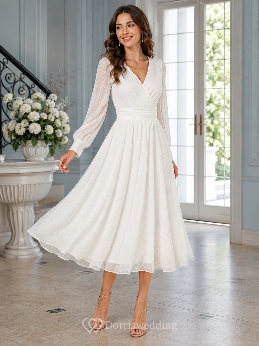 Elegantes, romantisches Brautkleid aus Chiffon mit V-Ausschnitt, langen Ärmeln, A-Linie und Teelänge für standesamtliche Trauungen