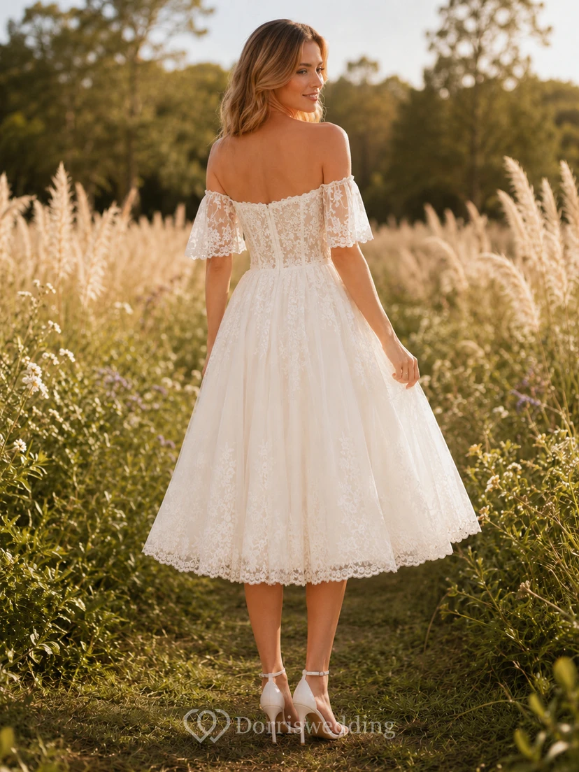 Bohemian Tea-Length Off Shoulder Lace Tulle Garden Romantic Wedding Dress view 2