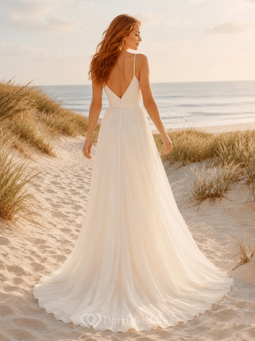 Beach Chiffon Tulle Wedding Dress A-Line Spaghetti Strap Floor Length Bridal Gown view 2