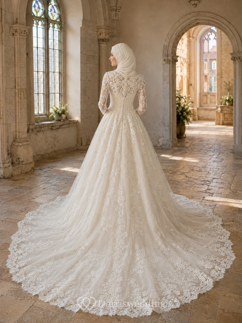 Lujoso vestido de novia musulmán de encaje con cuello alto y cola catedral. view 2