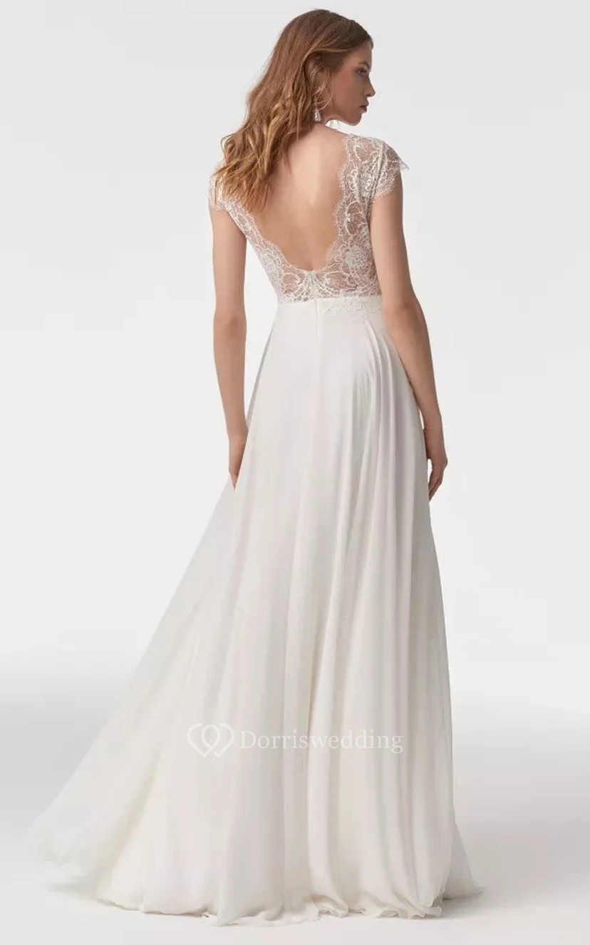 Elegantes A-Linien-Chiffon-Brautkleid mit langen Ärmeln und Illusion-Cap-Ausschnitt sowie Spitze view 2