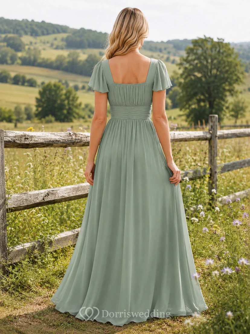 Sage Chiffon A-Line Square Neck Flutter Sleeve Pleated Zip Back Floor-Length Bridesmaid Dress view 2