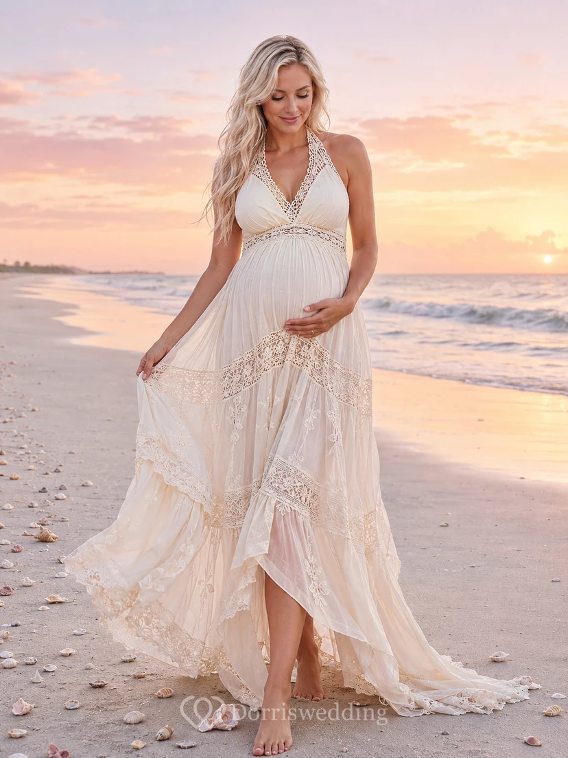 Maternity Halter Lace High-Low Tiered Beach Wedding Dress