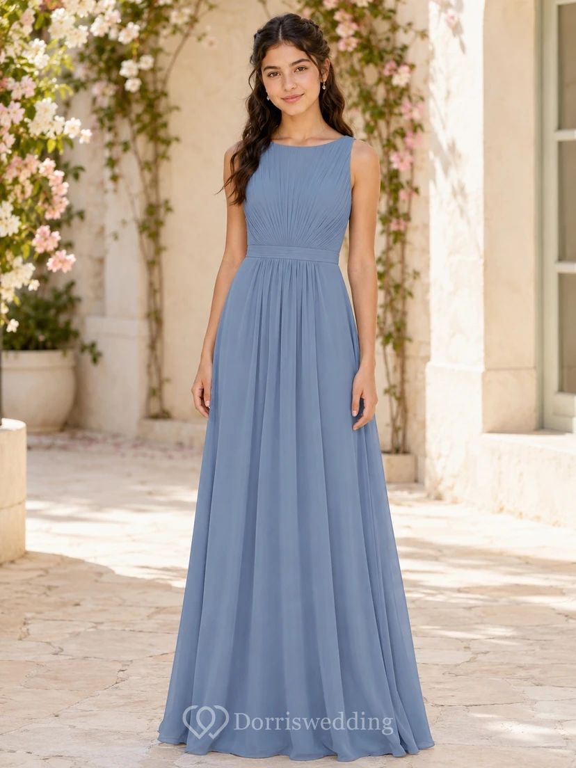Stahlblaues Brautjungfernkleid für junge Damen, A-Linie, ärmellos, mit Schmucksteinen besetzt und plissiert