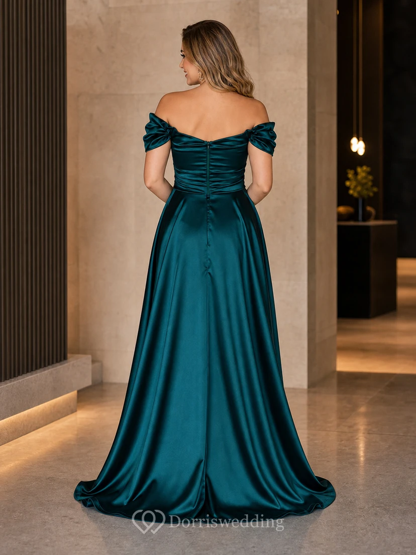 A Line Romantic Plus Size Satin Prom Dress with Split Front view 2