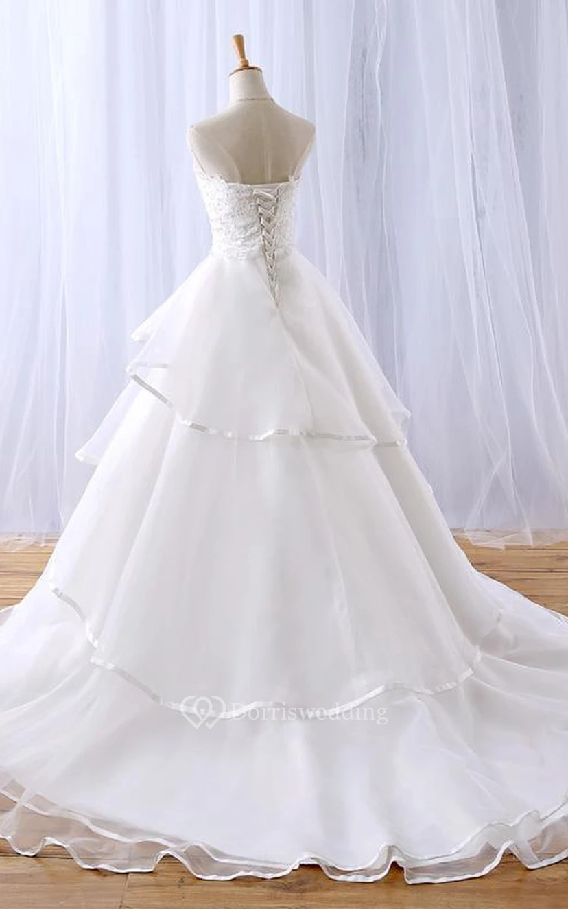 A-Line Long Sweetheart Appliques Chapel Train Zipper Lace-Up Back Tulle Lace Dress view 3