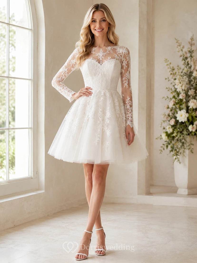 Vestido de recepción nupcial romántico corto de encaje con cuello alto y mangas largas efecto ilusión