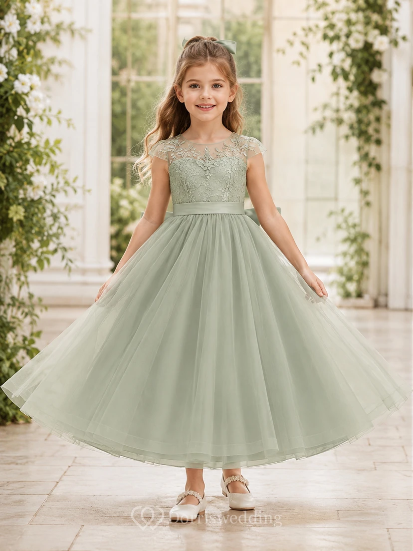 Sage Lace Bodice Tulle A-Line Flower Girl Dress with Short Sleeves, Jewel Neck, Tea-Length Skirt and Bow Detail