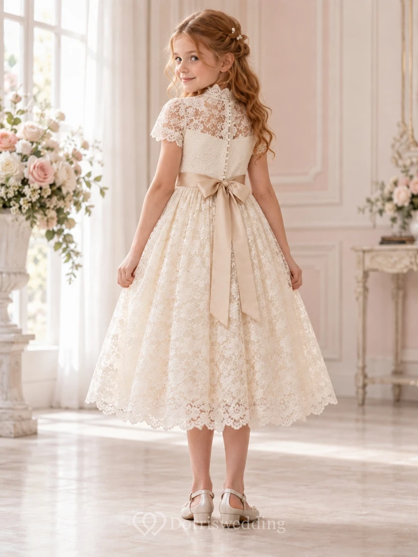 Vestido de niña de flores de corte A, largo hasta la rodilla, cuello alto, estampado floral color marfil, encaje, mangas cortas y fajín color champán. view 2