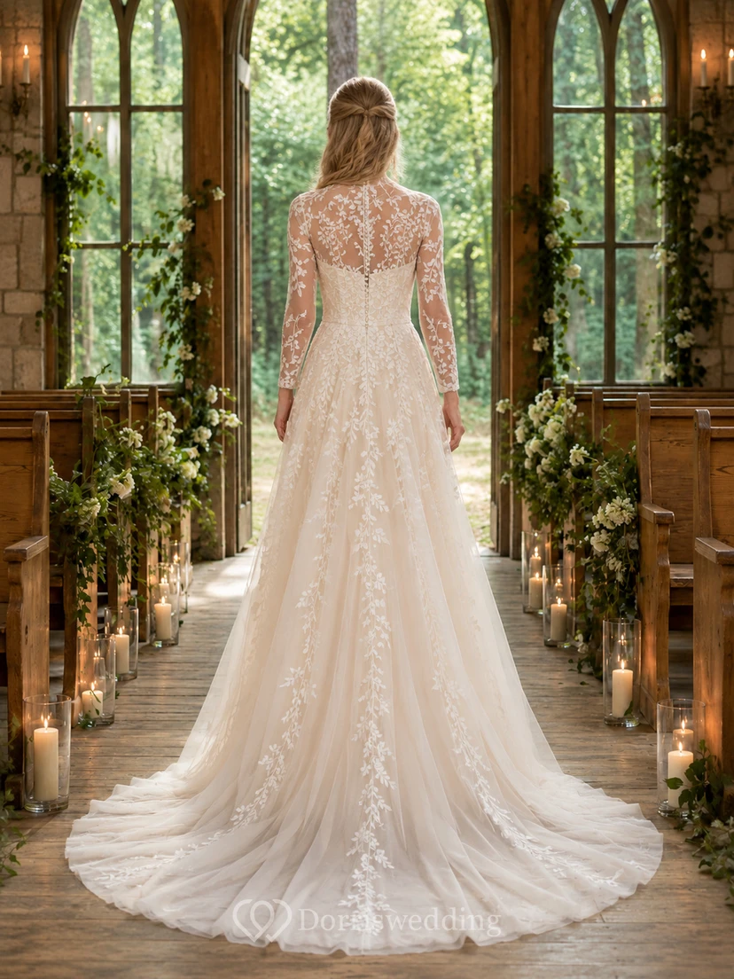 Long Sleeve Vine Lace A-Line Forest Chapel Bridal Gown view 2