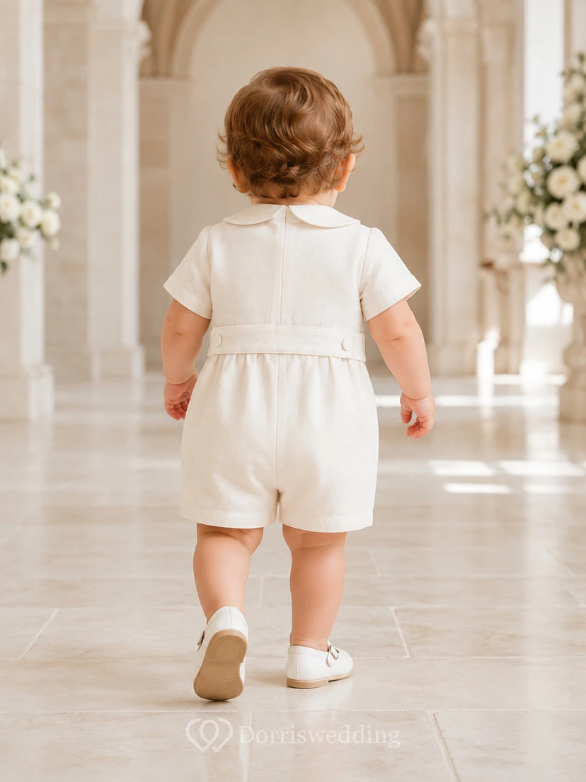White Button Bib Peter Collar Short Sleeve Christening Romper for Baby Boy view 2