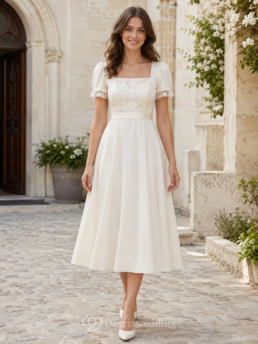 Elfenbeinfarbenes Spitzenkleid in A-Linie, Teelänge, mit eckigen Puffärmeln, schlichtes Design