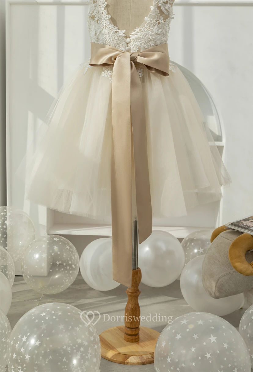 Lace Elegant Tulle A-line Champagne White Flowergirl Dress view 10