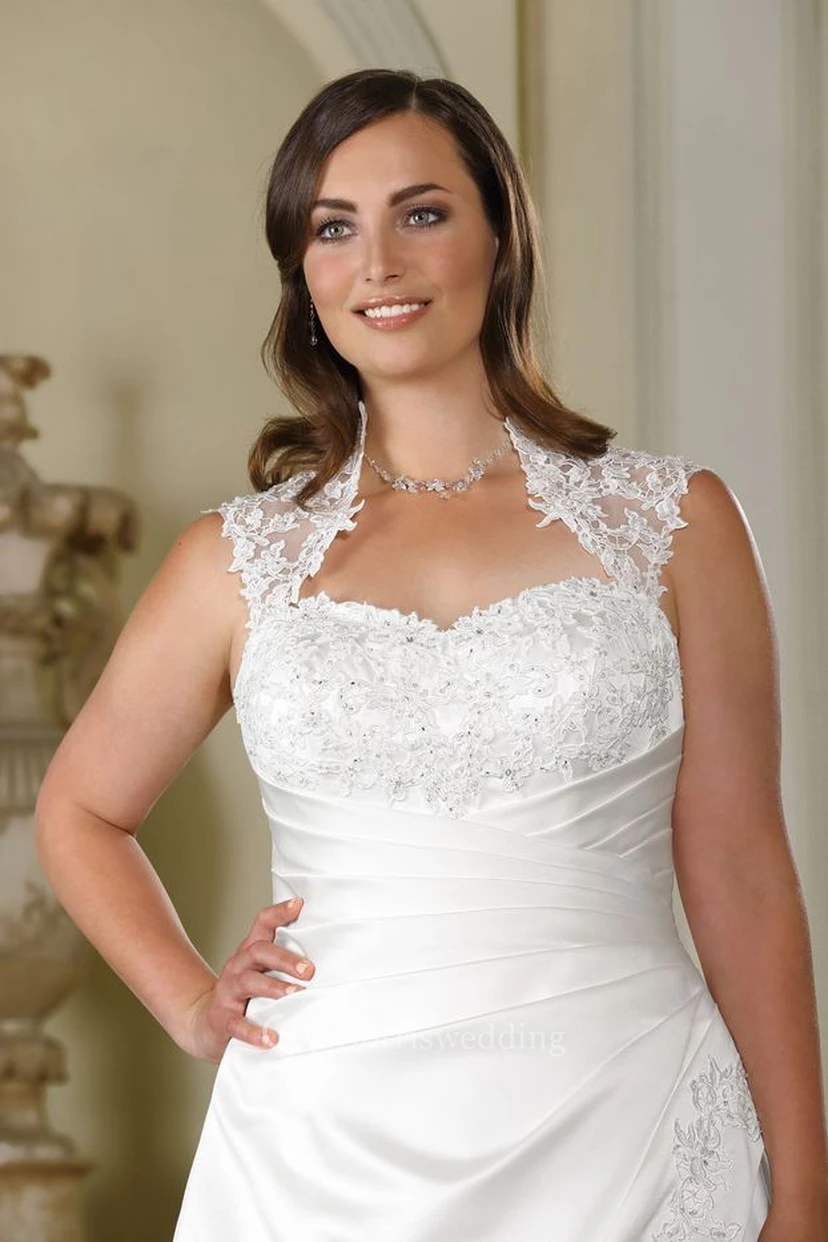 A-Line Floor-Length Queen Anne Sleeveless Satin Sweep Train Appliques Dress view 2