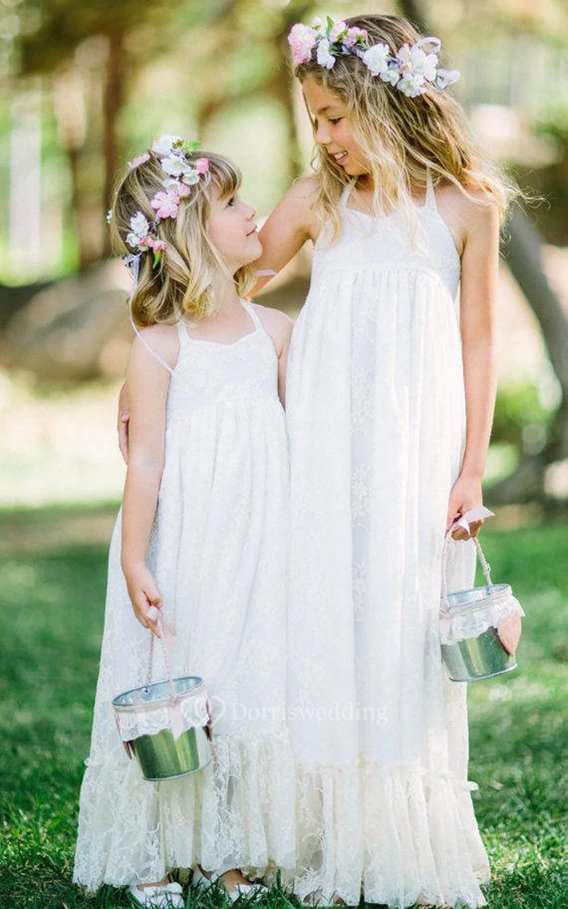 Vestido largo de encaje con escote halter, corte imperio y bajo plisado para niña de las flores.