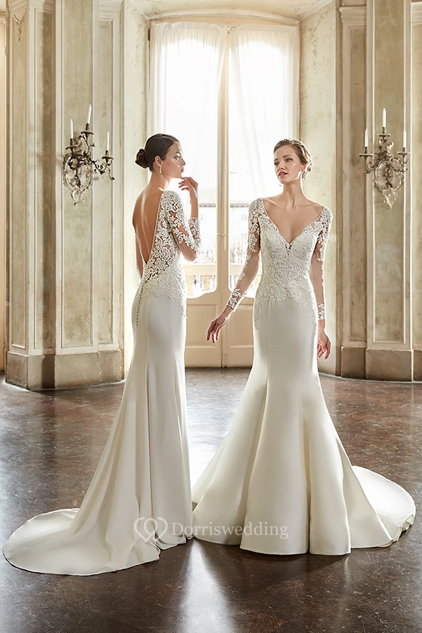 Trumpet V-Neck Appliqued Floor-Length Long-Sleeve Satin Wedding Dress view 2