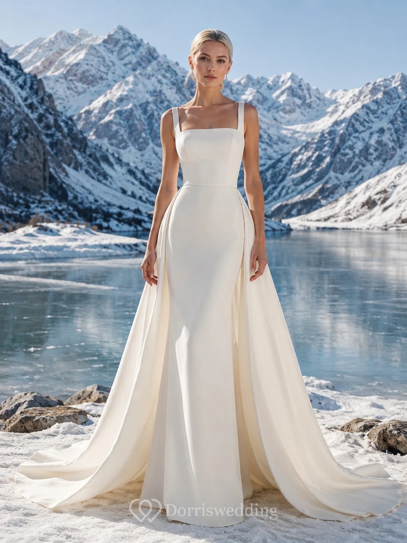 Robe de mariée minimaliste en satin, deux pièces, col carré, sans manches, traîne courte.