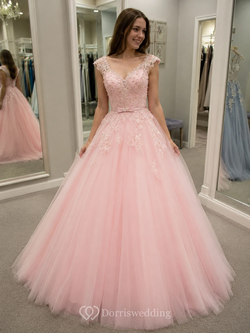 Ball Gown Floor-Length V-Neck Bell Cap Beading Flower Corset Back Tulle Lace Sequins Dress view 8