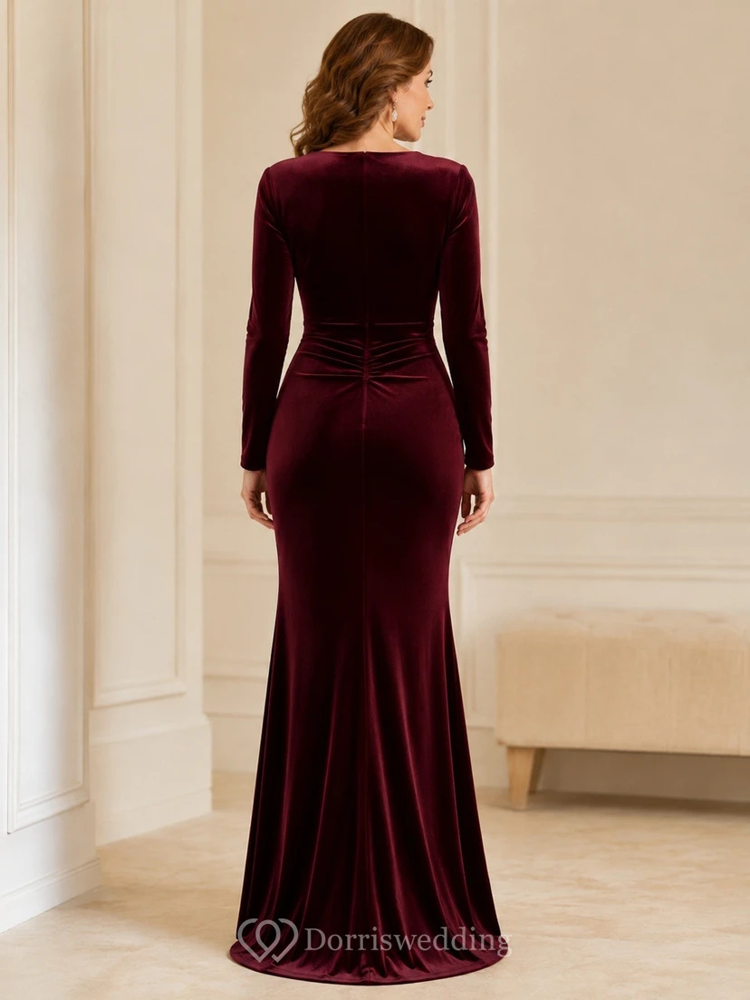 Burgundy Ruched Long Sleeve Velvet Mermaid Evening Gown Dress view 2