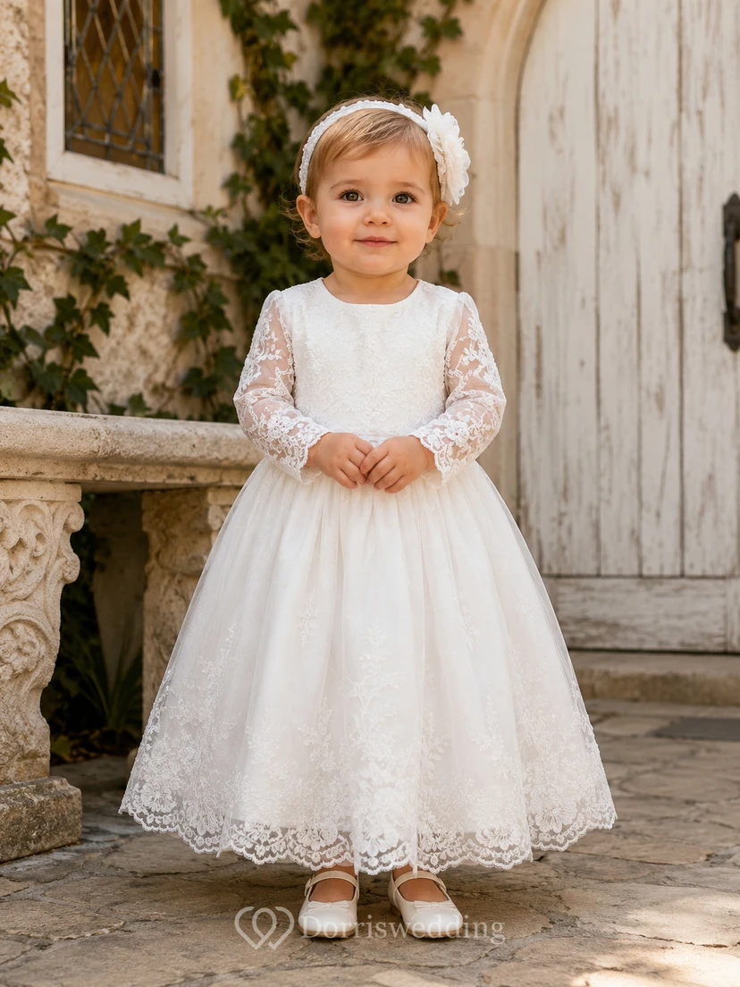 Long Sleeve Baptism Dress A-Line Lace Tulle Jewel Neck Tea-Length