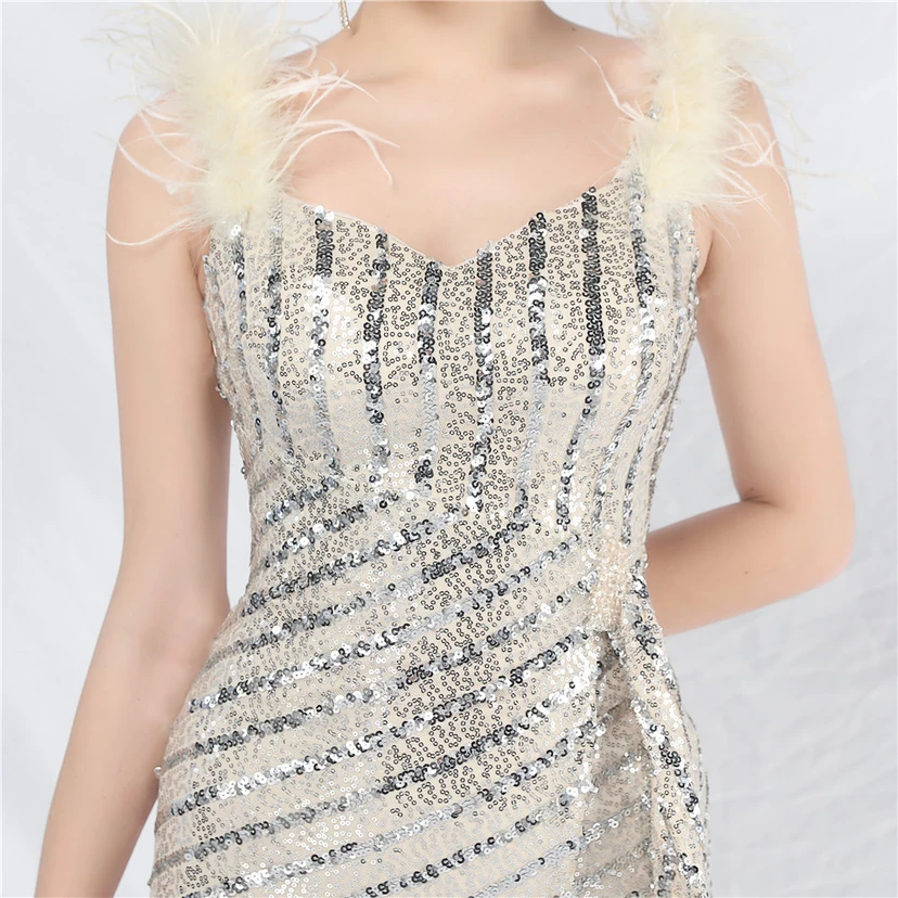 Evening Dress Craft Beaded Ostrich Feather Sequined Side Slit Evening Dress view 26