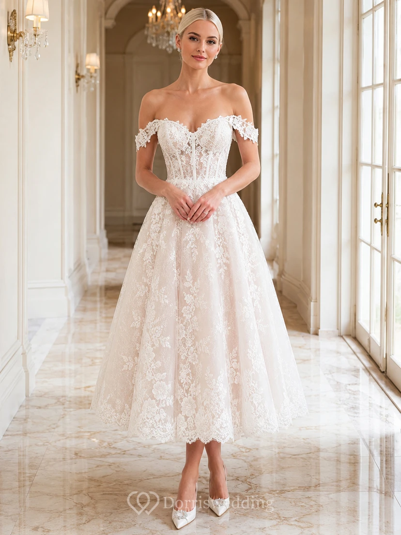 Elegante vestido de novia romántico de corte A con encaje floral y hombros descubiertos hasta la rodilla
