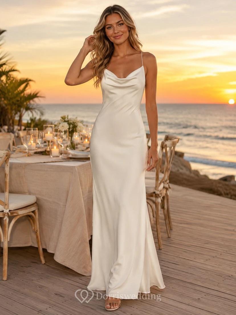 Beach Cowl Neck Spaghetti Strap Satin Slip Wedding Dress