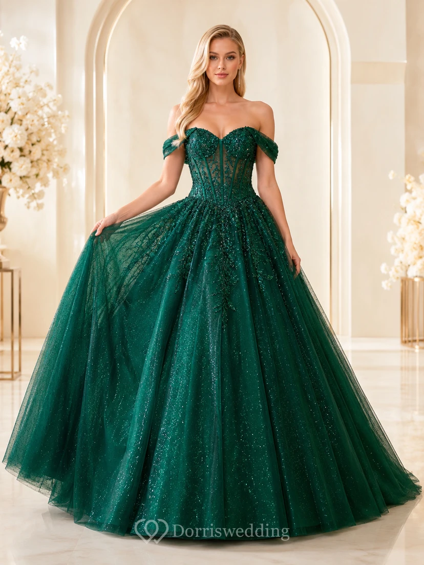 Vestido de gala de lujo Emerald Majesty en verde oscuro, largo hasta el suelo, con hombros descubiertos y manga corta, de tul, para quinceañera.