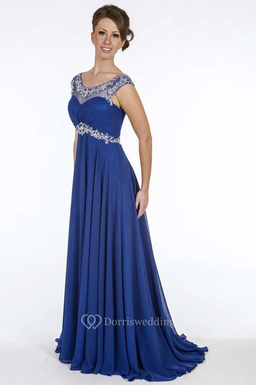 A-Line Beaded Empire Long Scoop Cap-Sleeve Chiffon Prom Dress With Waist Jewellery And Ruching