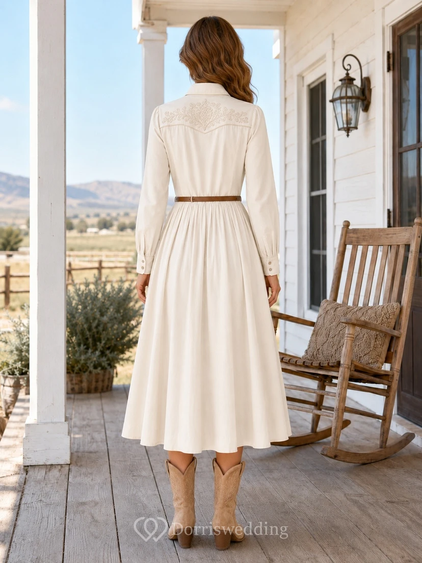 Western High-Neck Long Sleeve Satin A-Line Tea-Length Wedding Dress view 2