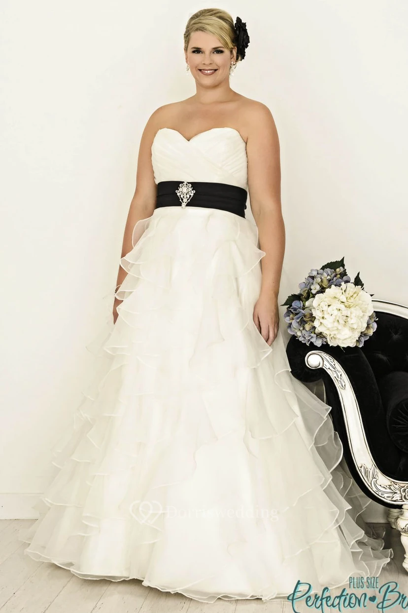A-Line Ruffled Sweetheart Floor-Length Organza Plus Size Wedding Dress Styles With Criss Cross And Tiers view 3