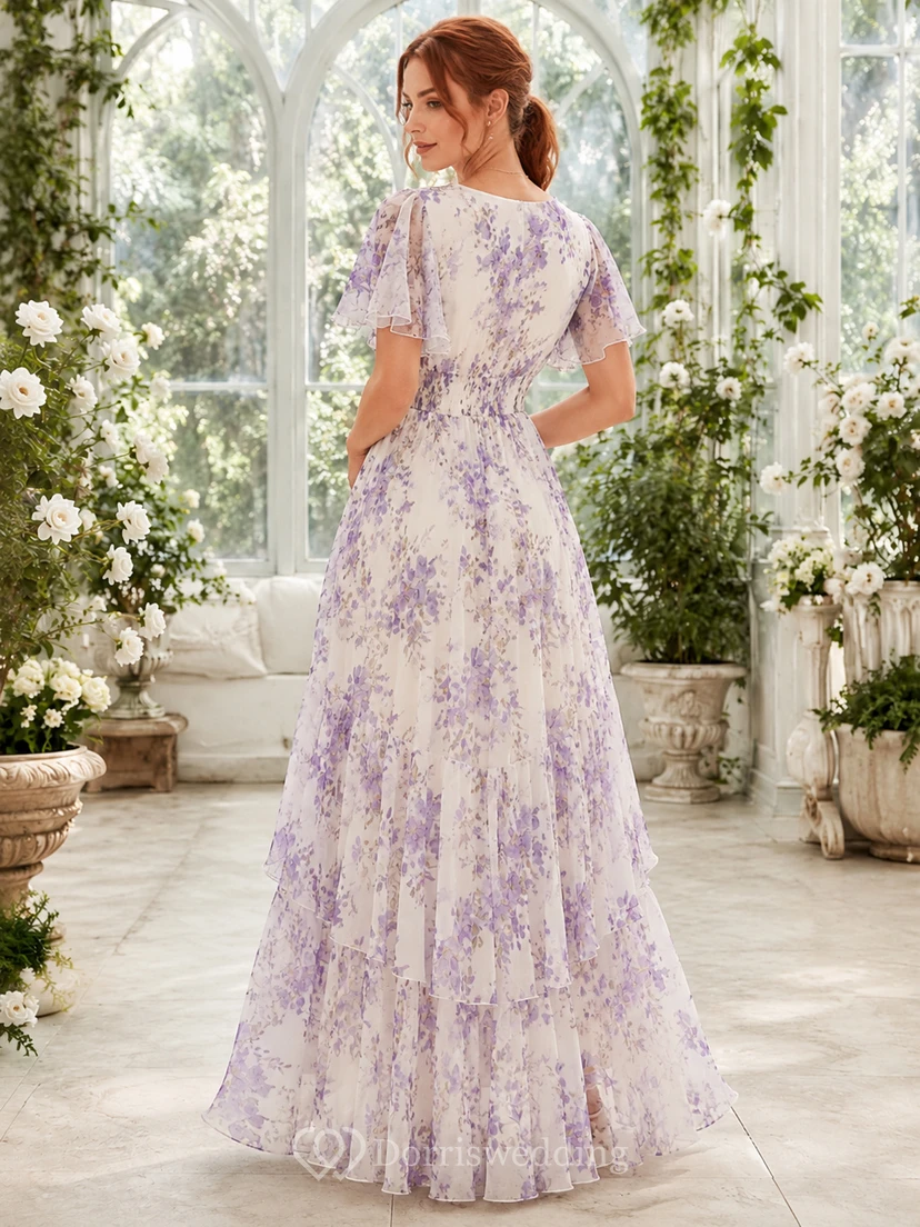 Lilac Floral Flutter Sleeve Garden Guest Maxi Dress view 2