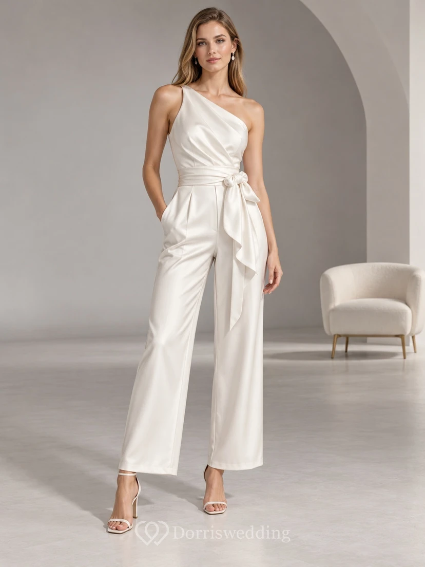 Modern One Shoulder Satin Side Sash Cropped Wide Leg Bridal Jumpsuit
