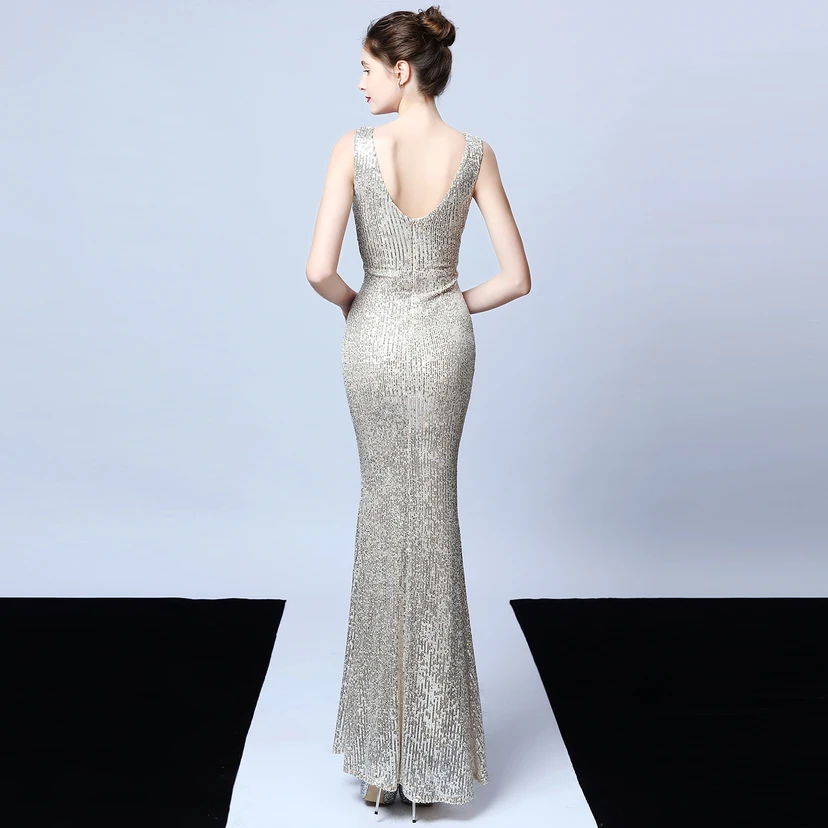 Robe de soirée élégante et longue sans manches à sequins Aura Queen, style banquet, coupe sirène. view 29