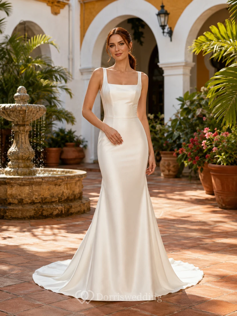 Robe de mariée sirène moderne en satin à bretelles carrées et col colonial, style colonial