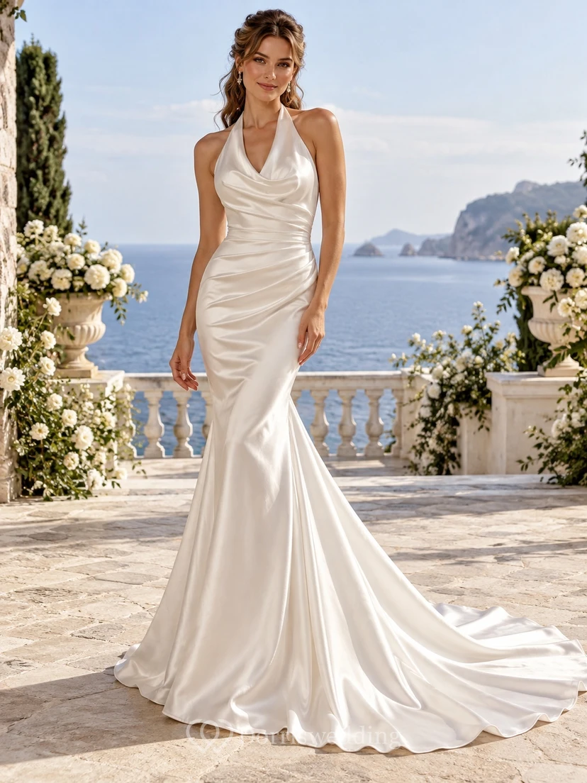Simple Mermaid Halter Cowl Ruched Satin Backless Train Wedding Dress