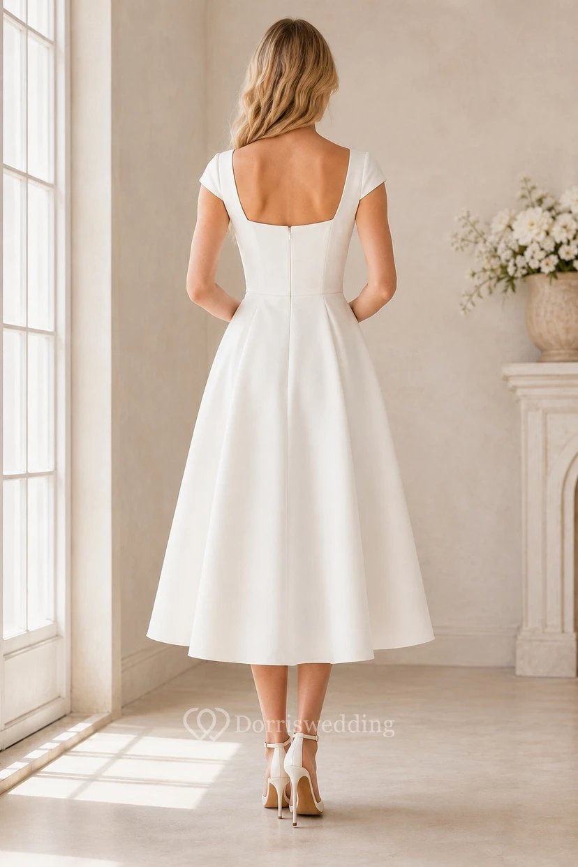 Vestido sencillo blanco de corte A con escote cuadrado y mangas cortas, largo hasta la rodilla. view 2