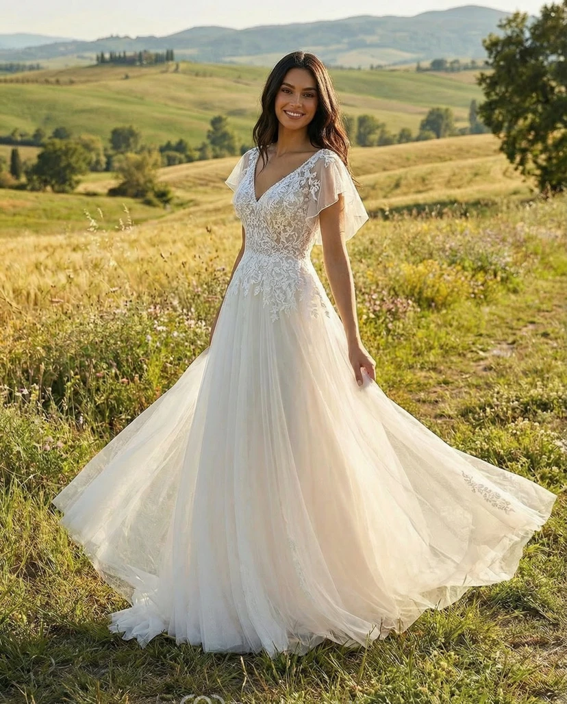 Robe de mariée bohème trapèze avec manches papillon et corsage en dentelle