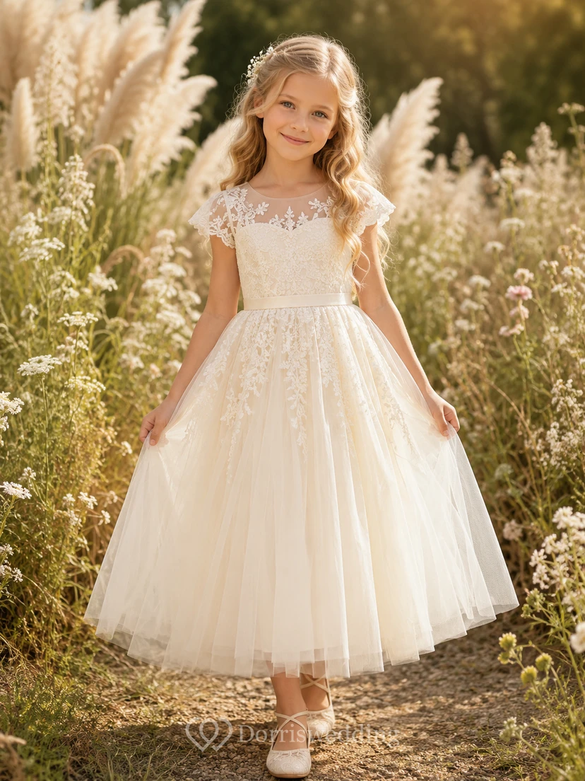 Blumenmädchenkleid aus elfenbeinfarbener Spitze und Tüll, A-Linie, kurze Ärmel, Rundhalsausschnitt, Teelänge, Schärpendetails