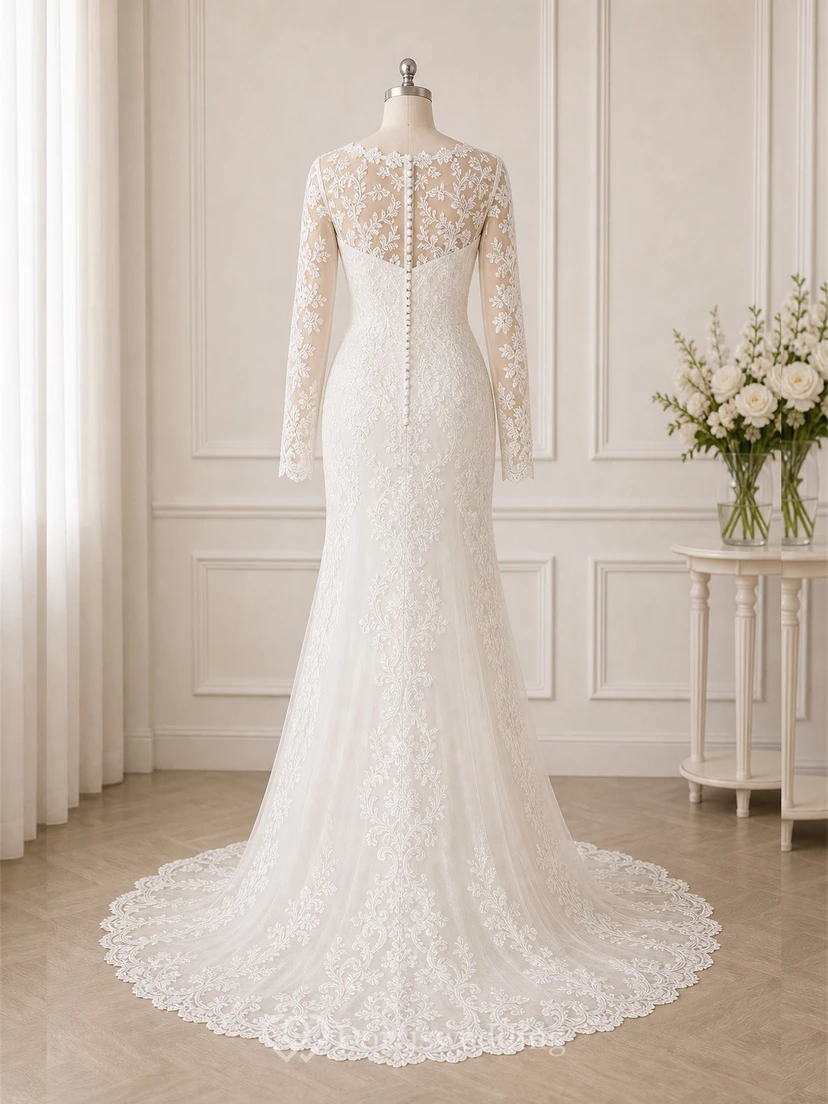 Sheath Long-Sleeve High Neck Tulle&Lace Wedding Dress With Sweep Train view 8