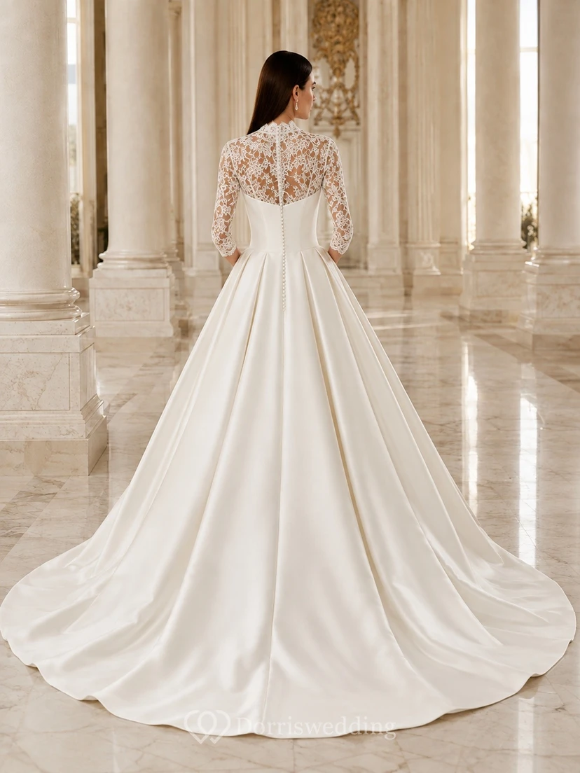 Vestido de novia de gala de satén con corpiño de encaje y escote corazón view 2