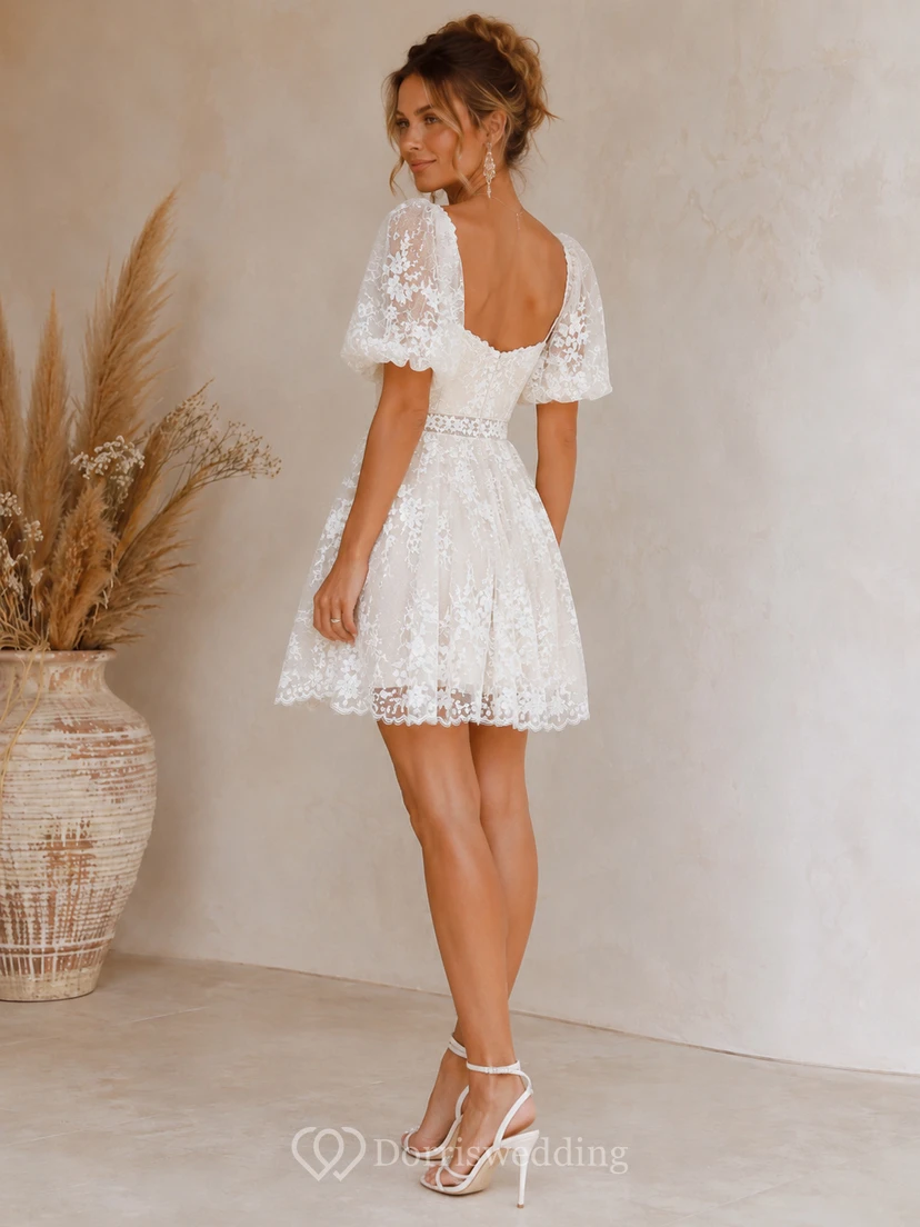 Boho Short Lace Wedding Dress with Puff Sleeves, Sweetheart Neckline & Scalloped Bridal Mini Skirt view 2