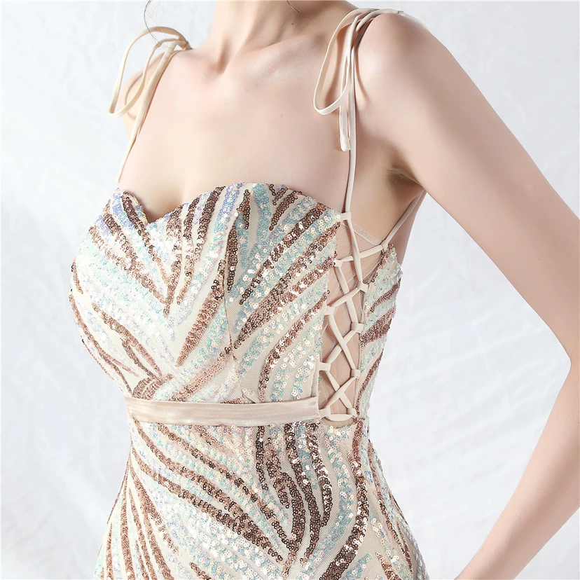 Vestido de noche con tirantes, top tipo tubo y lentejuelas apiladas encriptadas, con método de doble atado de cuerda. view 58