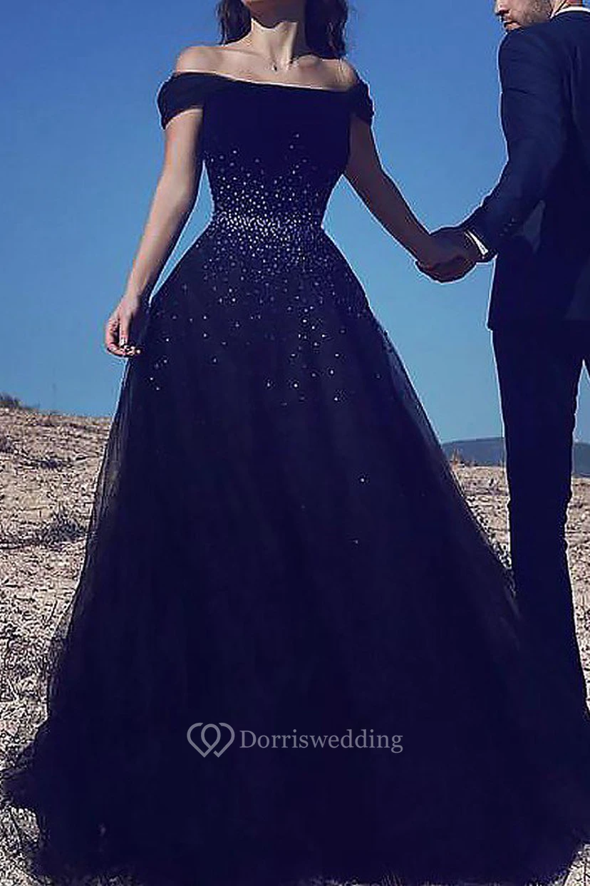 Ballkleid aus Tüll, schulterfrei, kurze Ärmel, Reißverschluss