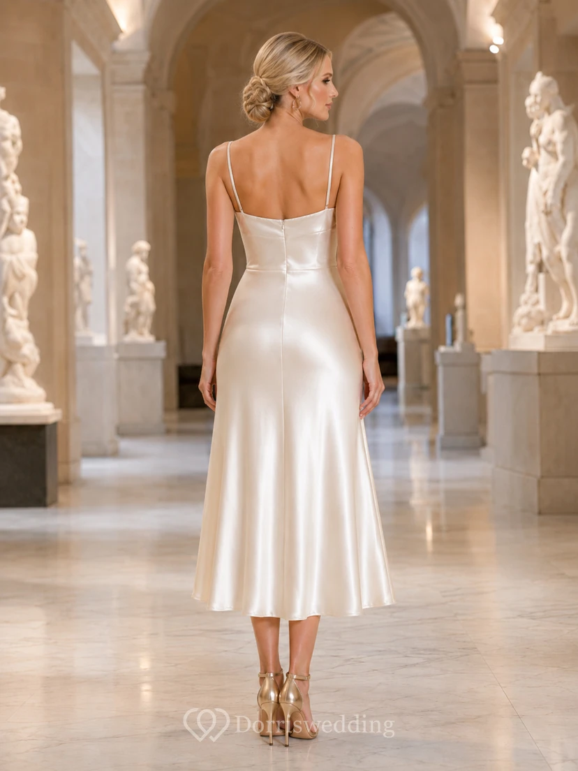 Robe midi en satin ivoire à fines bretelles et col bénitier pour réception de donateur view 2