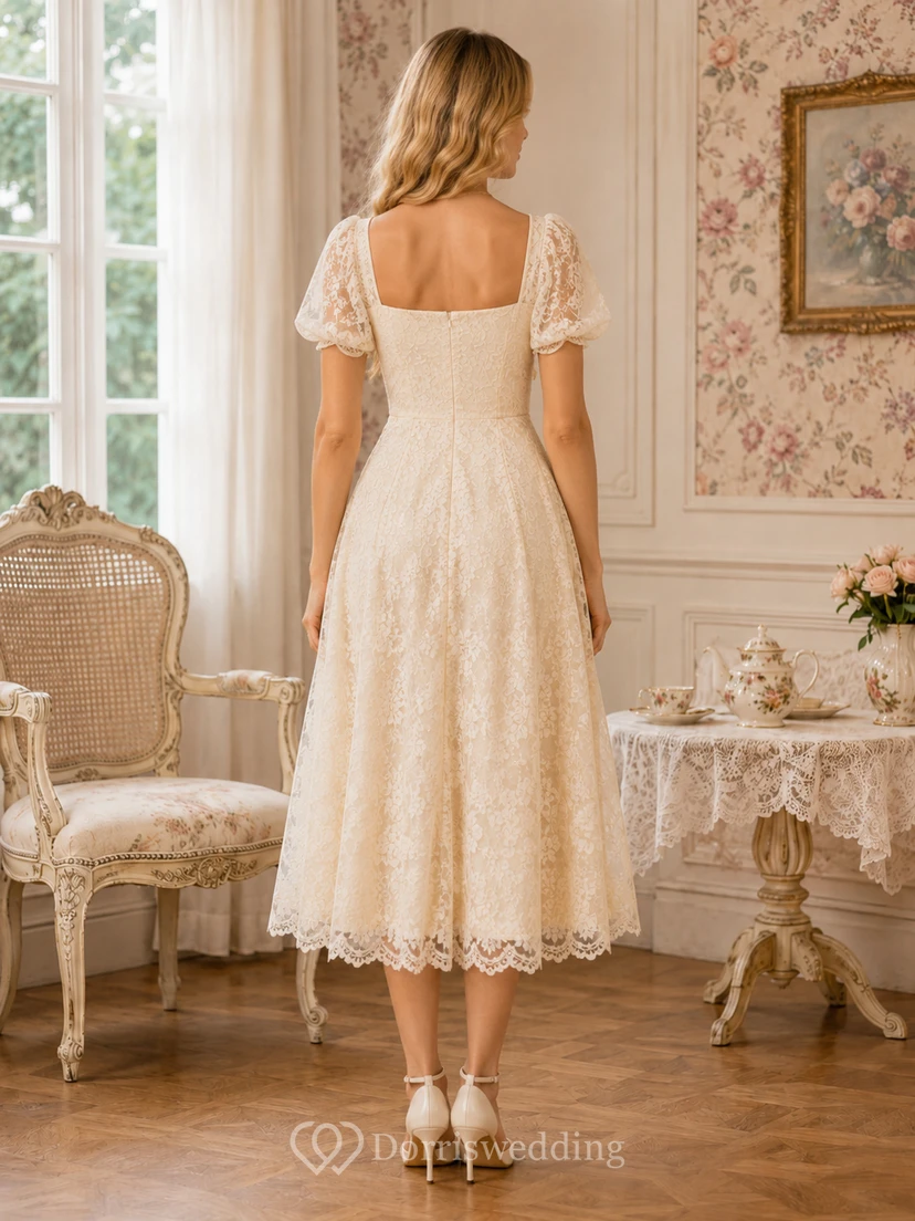Cream Square Neck Puff Sleeve Lace Tea Room Midi Dress view 2