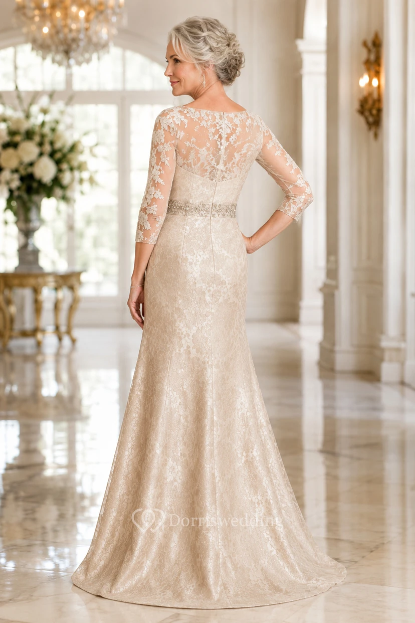 MOB-Kleid Champagnerfarbene Spitze Meerjungfrauen-Stil 3/4-Ärmel Rundhalsausschnitt Bodenlang Perlenbesetzt view 2