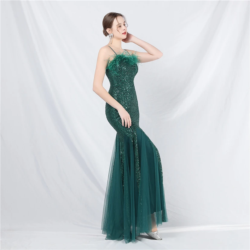 Craft Ostrich Feather Mesh Sequined Long Evening Dress view 30